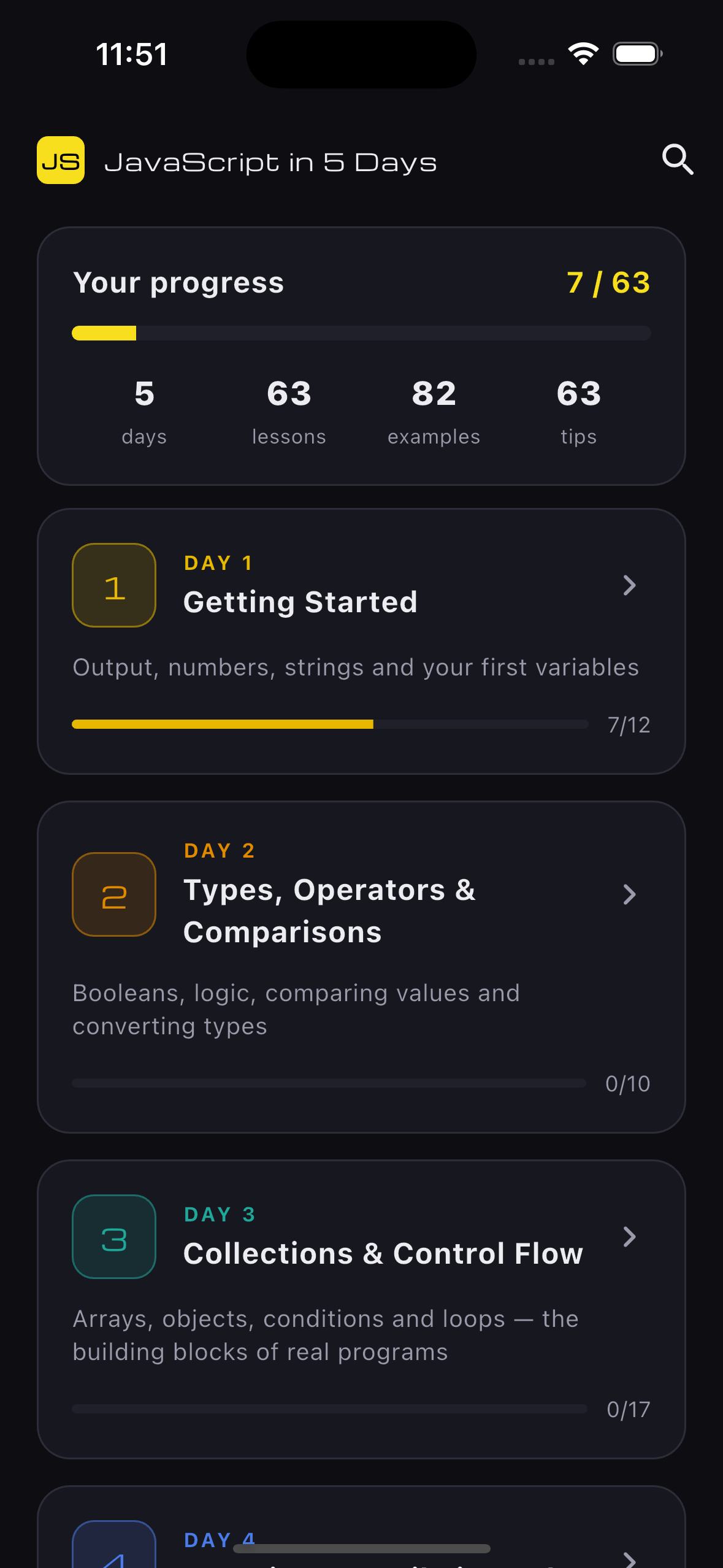 JavaScript in 5 Days — startscherm