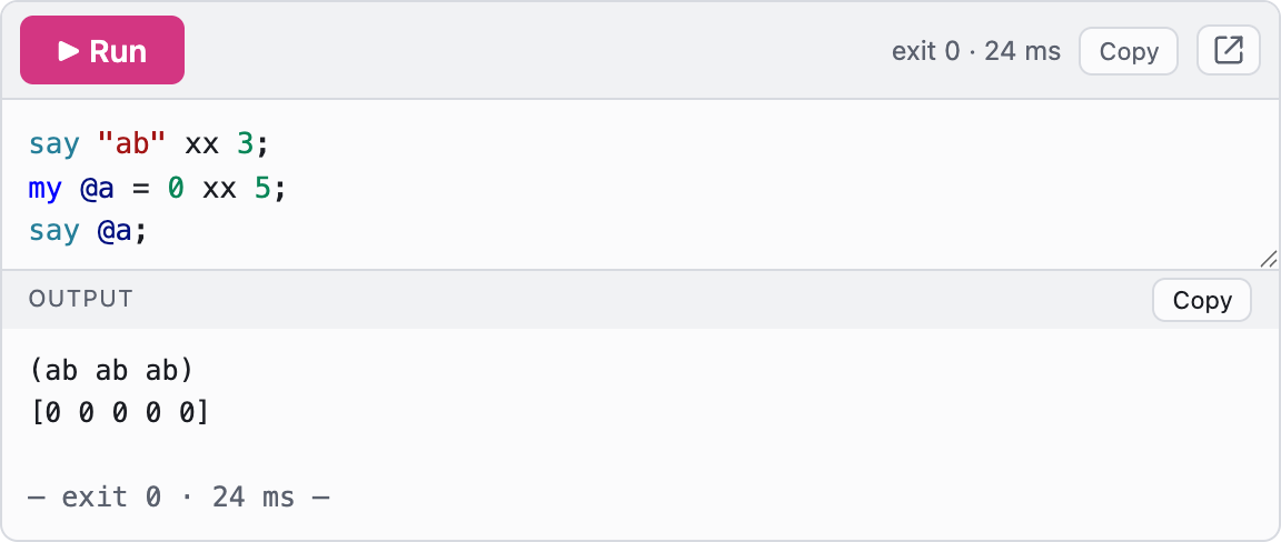 Een ingesloten, uitvoerbaar Raku-codeblok met de lijstherhalingsoperator en de uitvoer